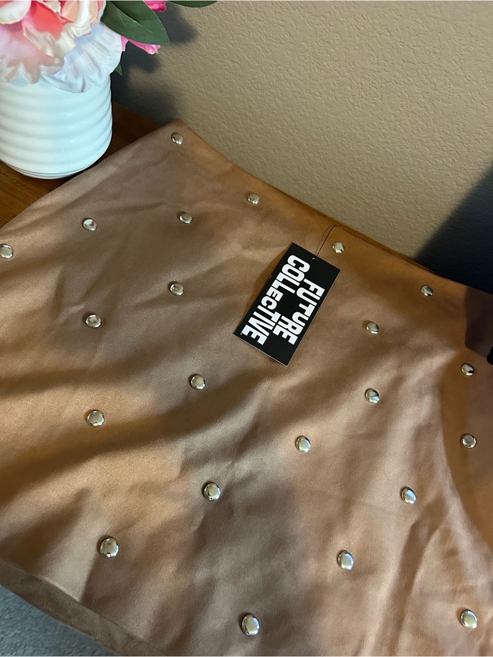 Future Collective Tan Faux-Leather Mini Skirt with Stud Details